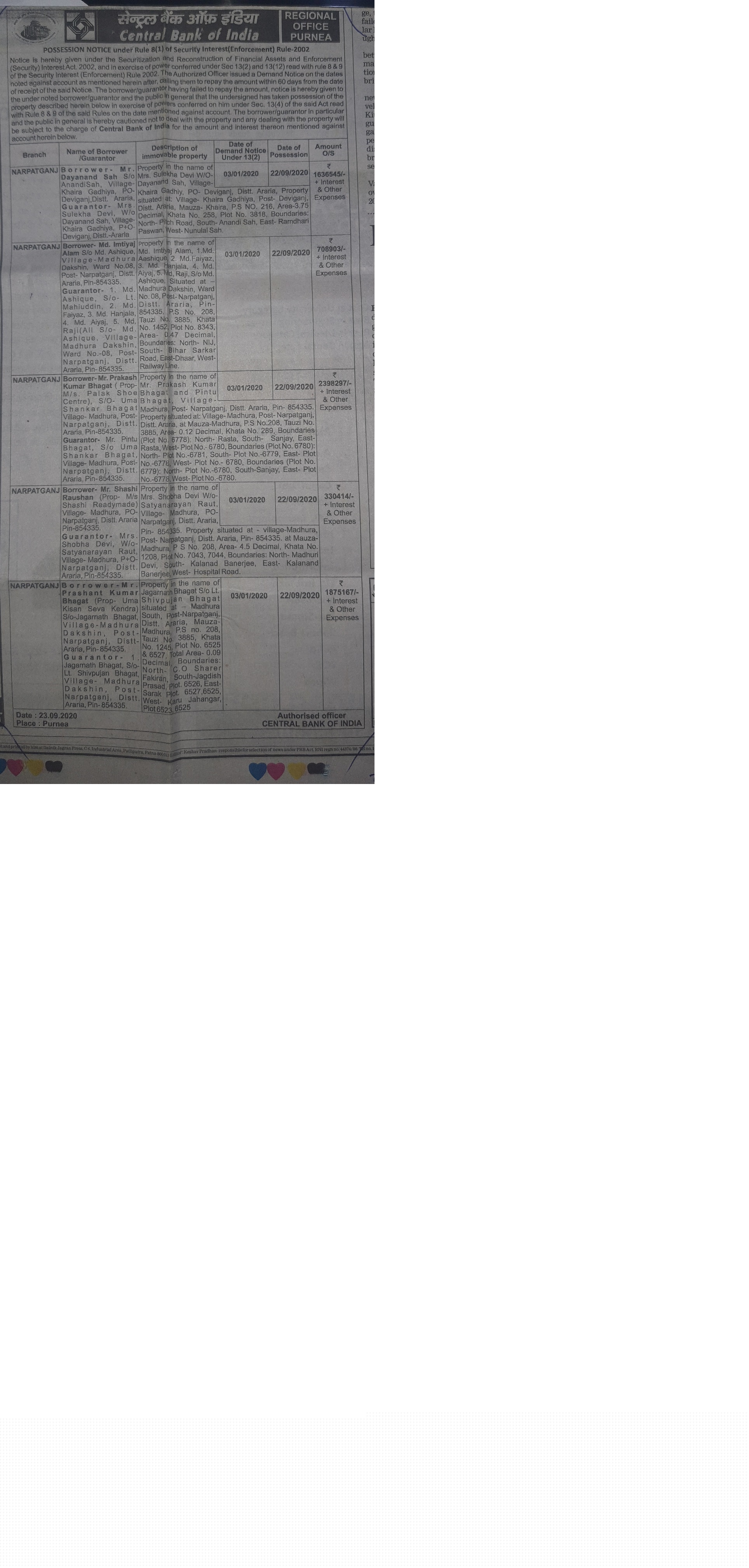 Central Bank of India Auctions for Residential property in Araria, Bihar