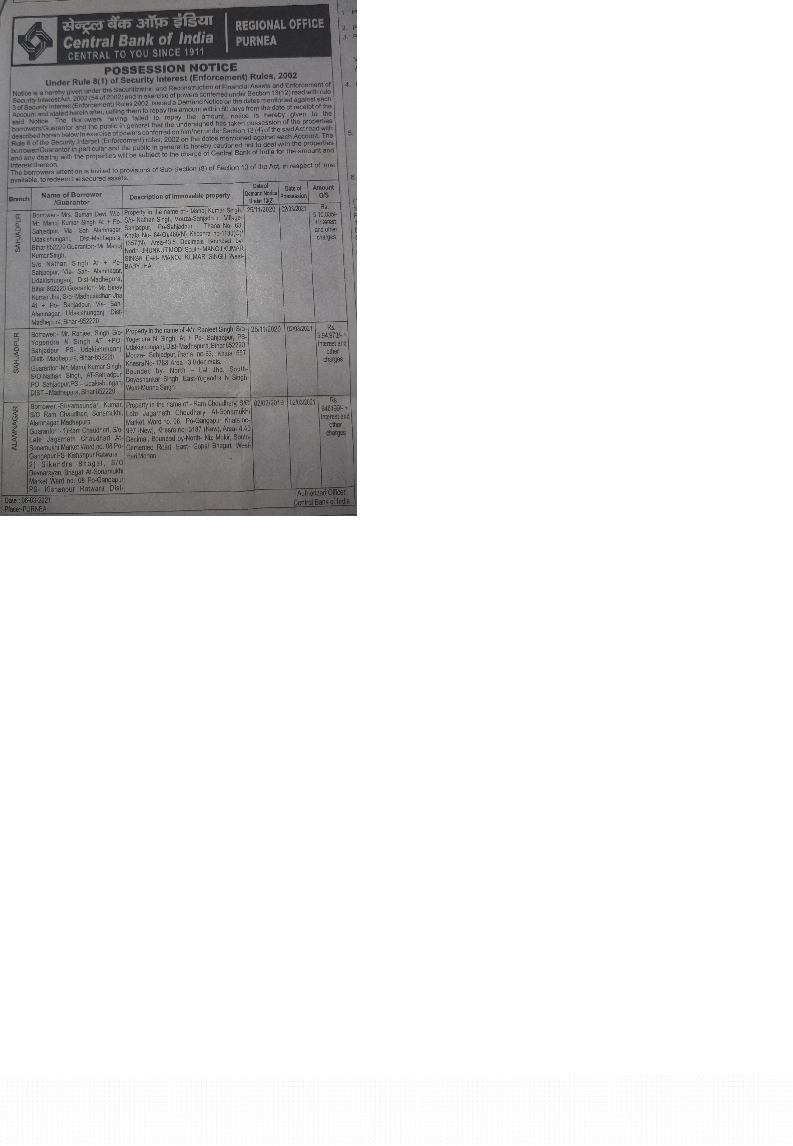 Central Bank of India Auctions for Residential property in Madhepura, Bihar