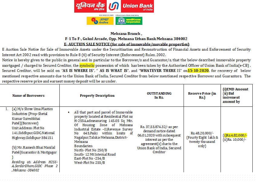 Union Bank of India Auctions for Residential property in Mehsana, Gujarat