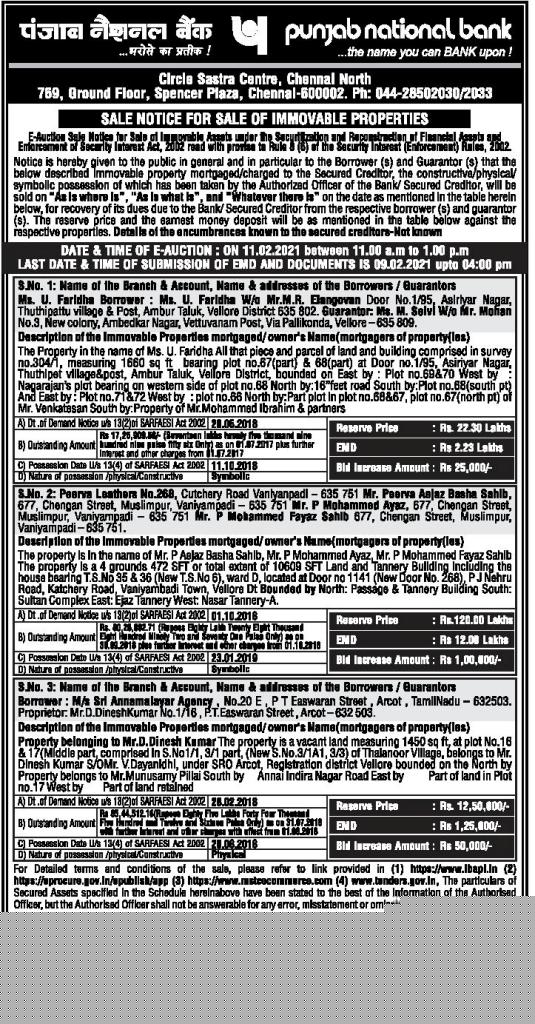 Punjab National Bank Auctions for Residential property in Vellore, Tamil Nadu
