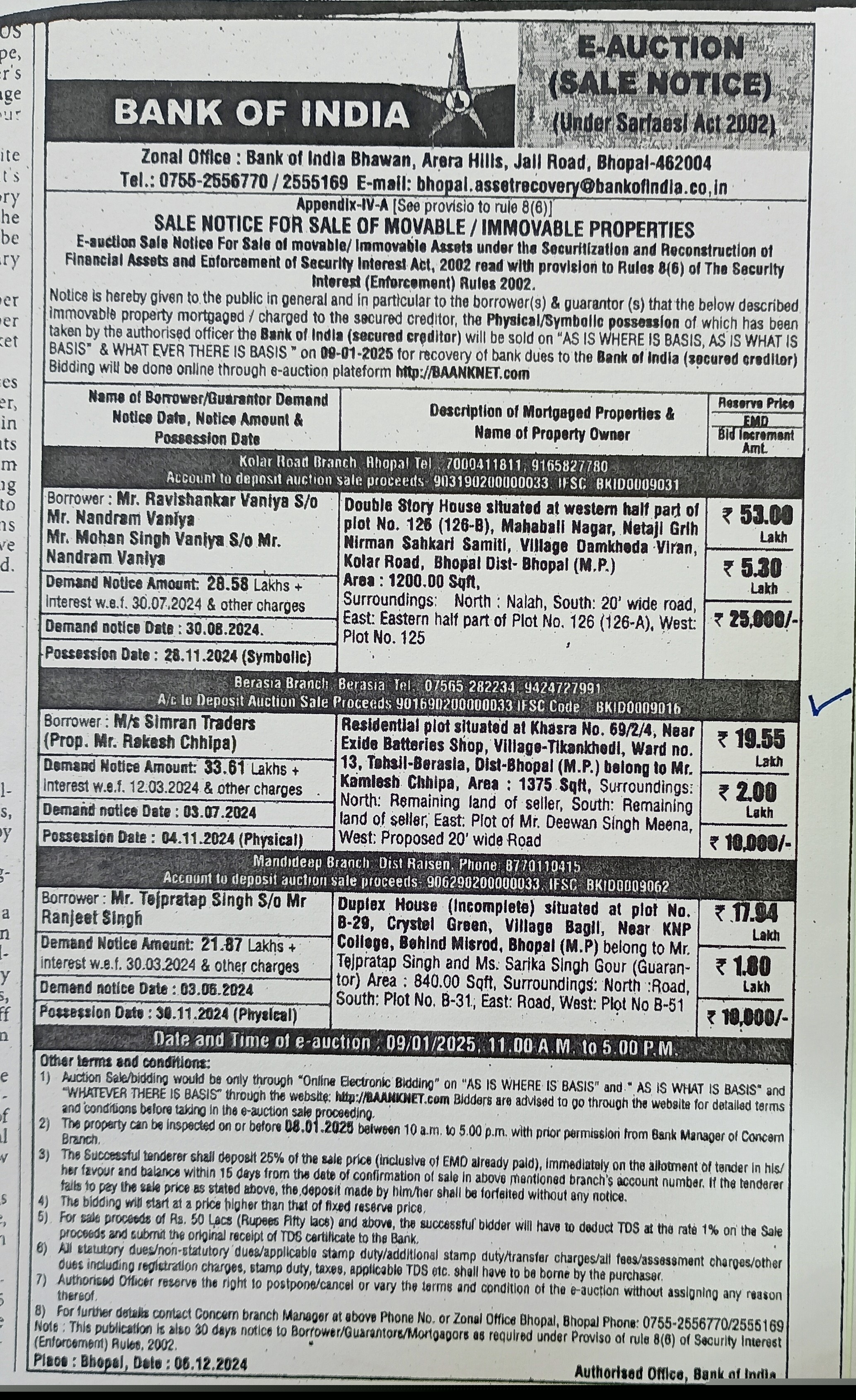 Bank of India Auctions for Residential property in Bhopal, Madhya Pradesh