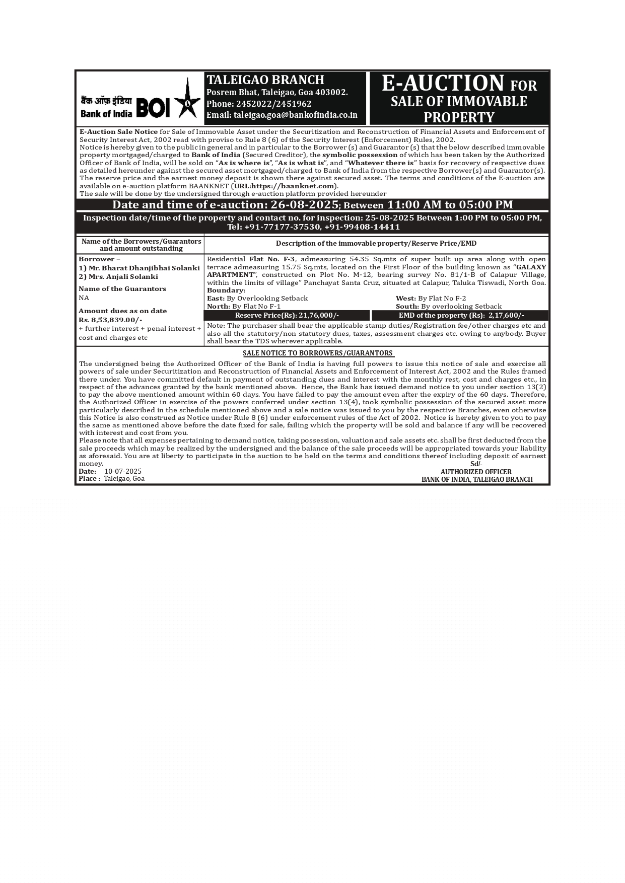 Bank of India Auctions for Residential property in Goa, Goa