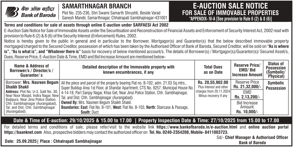 Bank of Baroda Auctions for Residential property in Aurangabad, Maharashtra