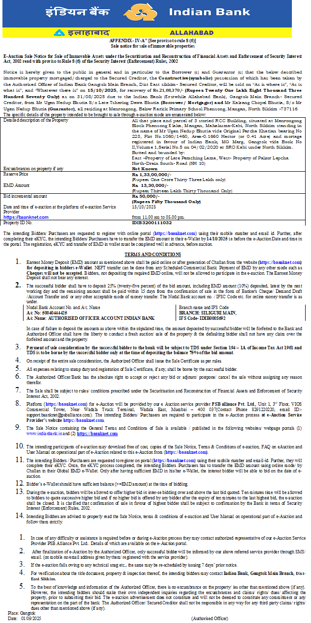 Indian Bank Auctions for Residential property in Mangan District, Sikkim image 3 of 3 in Mangan, Mangan District | Indian Bank auction property