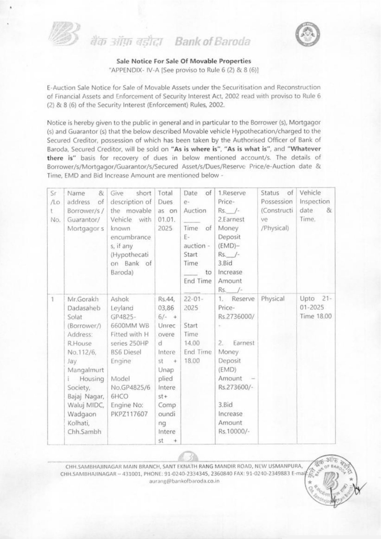 Bank of Baroda Auctions for Commercial property in Aurangabad, Maharashtra