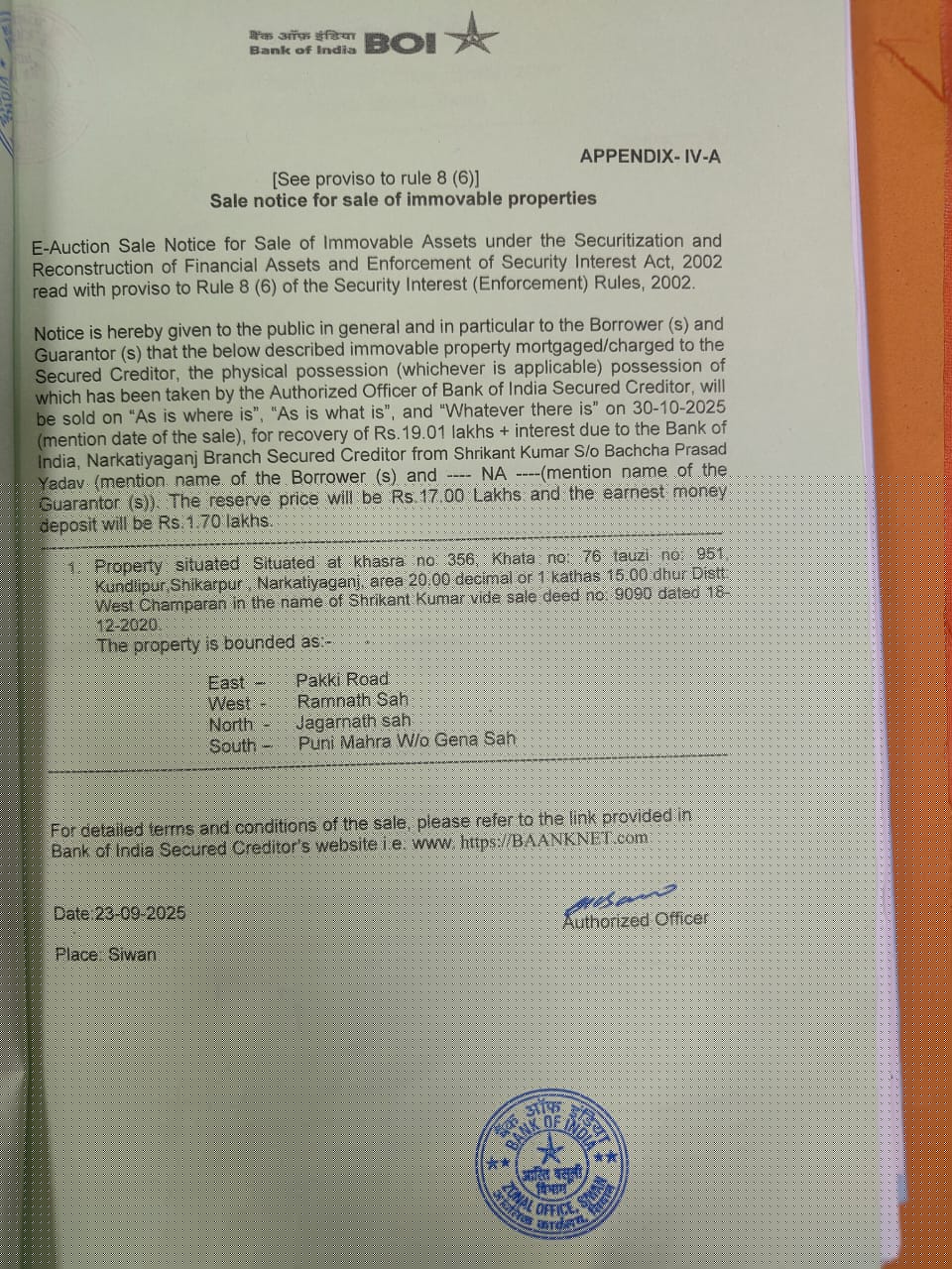 Bank of India Auctions for Residential property in Pashchim Champaran, Bihar