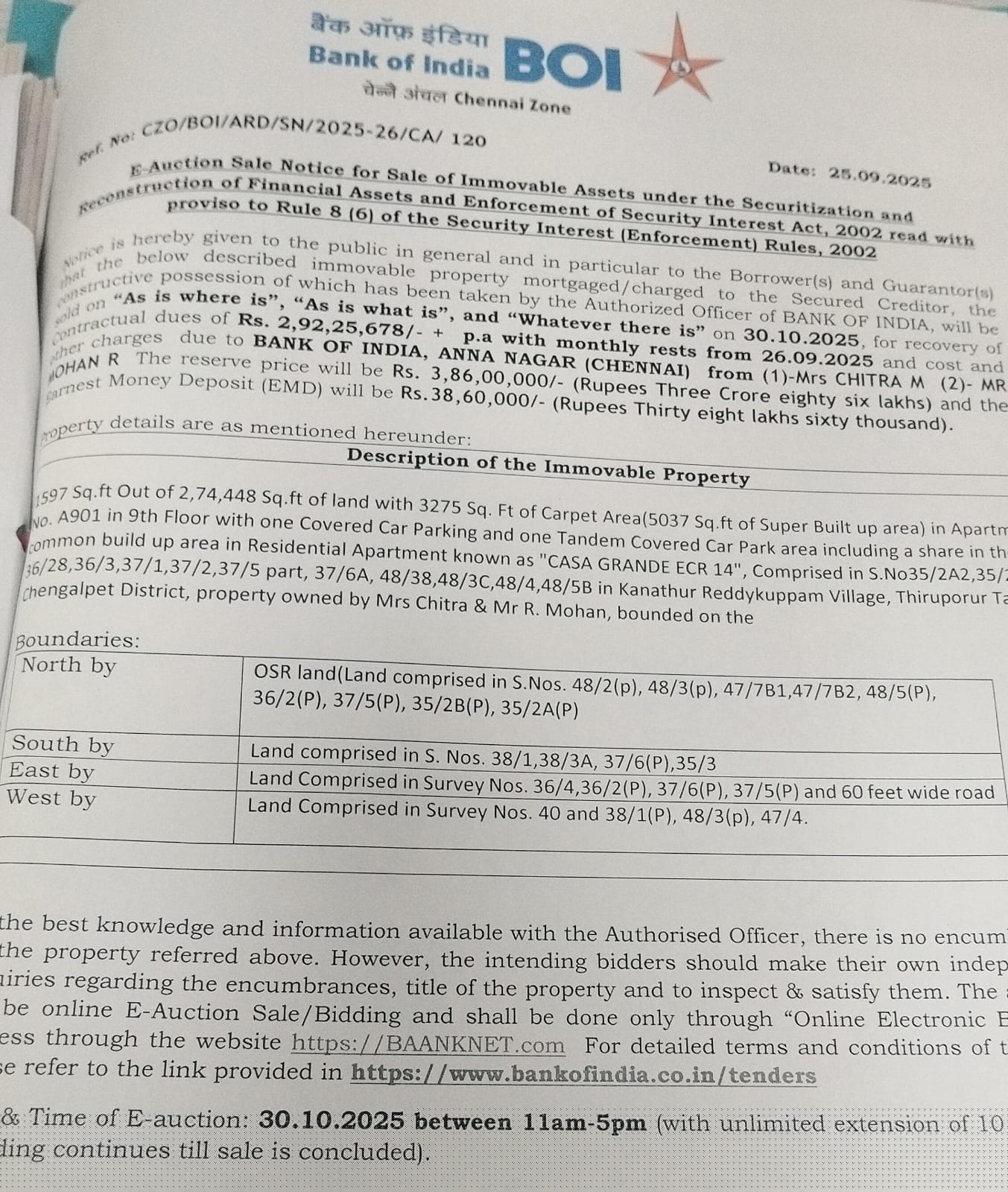 Bank of India Auctions for Residential property in Chengalpattu, Tamil Nadu