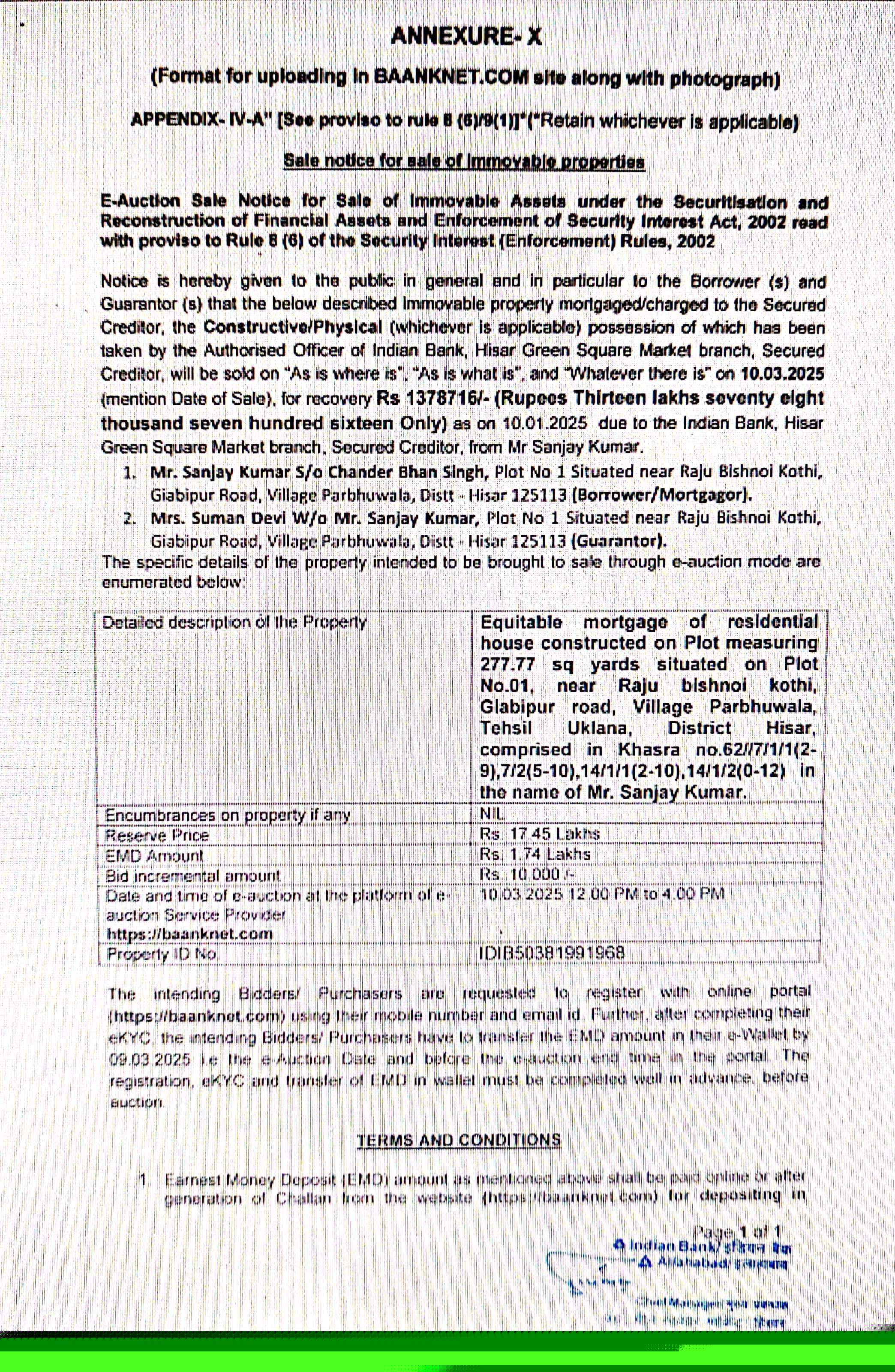Indian Bank Auctions for Residential property in Hisar, Haryana image 2 of 4 in Uklanamandi, Hisar | Indian Bank auction property